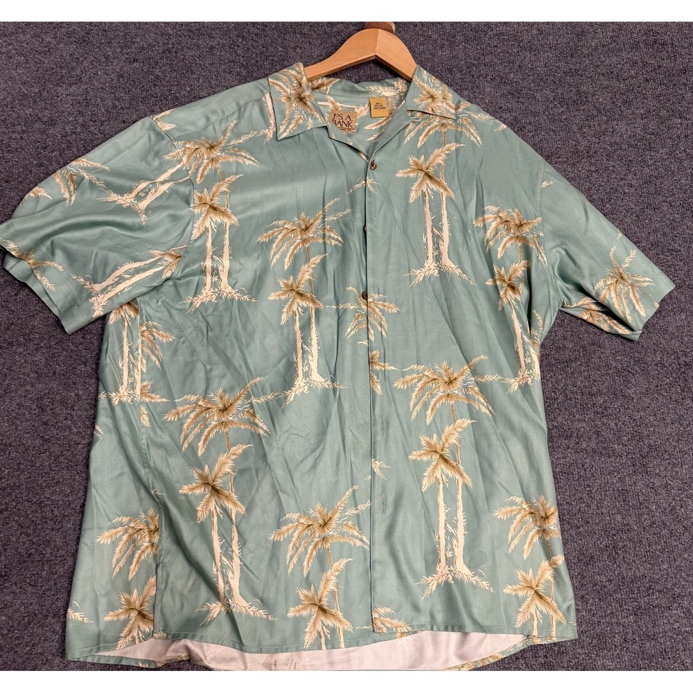 Jos. A. Bank 100% Silk Hawaiian Shirt Large Blue Palm Trees short sleeve